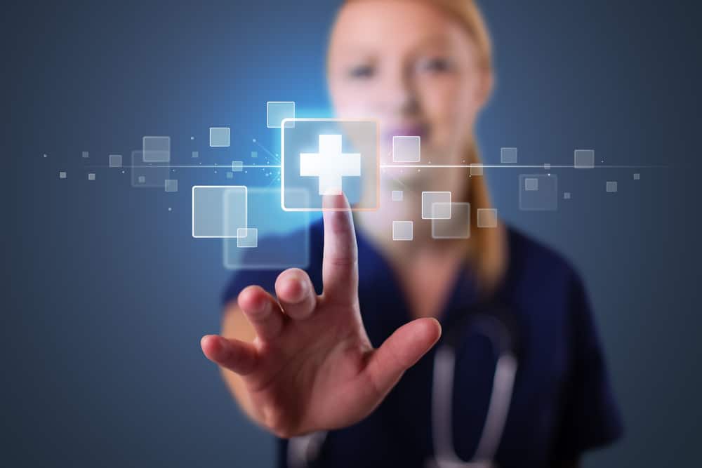 Medical professional interacting with a futuristic digital health interface, symbolizing innovation in healthcare UX design.
